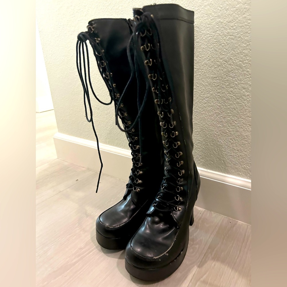 TUK Chunky Platform y2k Goth Black Lace Boots Size 8